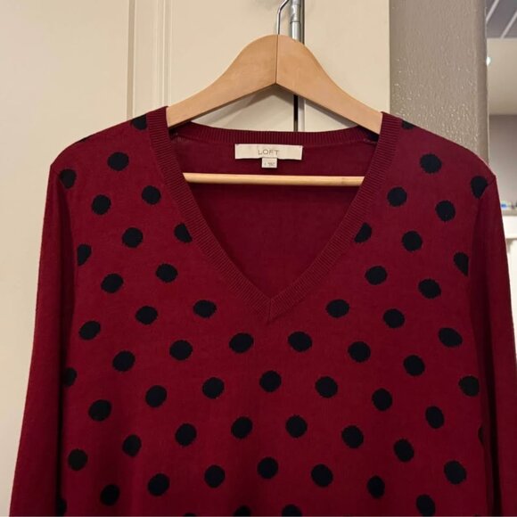 Women’s Loft Lightweight Red & Navy V-Neck Sweater with Polka Dots/Stripes-Sz L - Picture 2 of 7